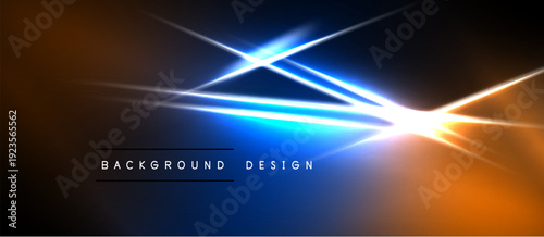 Abstract neon light streaks intersect. Vivid orange, blue gradients dominate dark background. Minimal text reads background design.