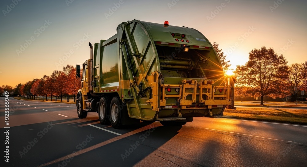 Obraz premium Heavy-duty garbage truck on a paved road during a golden sunset with sun flares