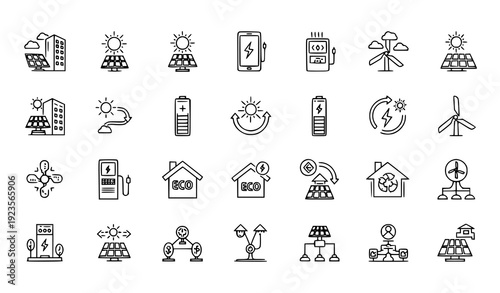 Solar energy thin line icons collection editable stroke sustainable power vector set