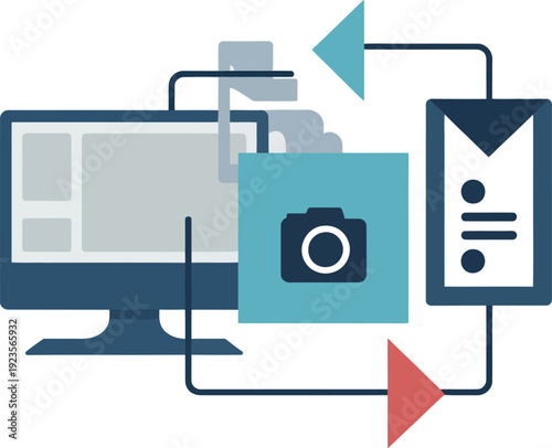 Digital Workflow Vector Icon: Computer Camera Document Data Transfer