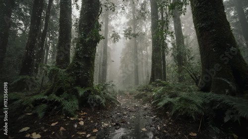 Misty Forest Landscape with Tall Trees and Ferns.