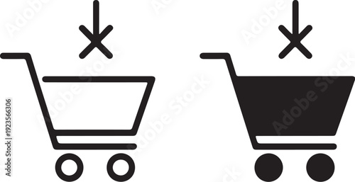 Two shopping cart icons one outlined and one filled with downward arrows indicating adding items to the basket on a white background