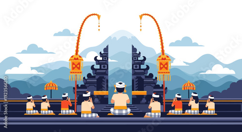 Balinese people praying at temple gate with mountains background