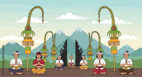 Balinese people praying at temple gate with mountains and offerings