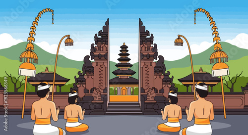 Balinese people praying at temple gate with offerings and traditional architecture