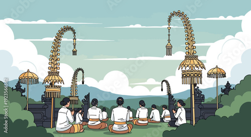 Balinese people praying at temple gate with offerings and traditional decorations