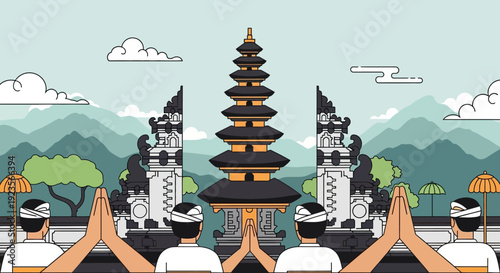 Balinese people praying at temple gate, traditional culture, spiritual greeting, Indonesia
