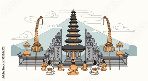 Balinese Temple Ceremony: People Meditating Before Meru Tower and Mount Agung