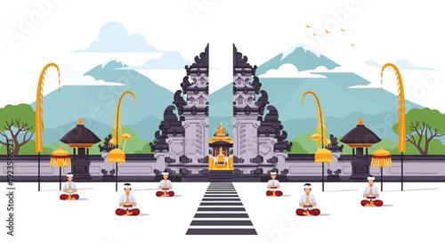 Balinese Temple Ceremony: People Meditating Before Traditional Gate with Mountains Background