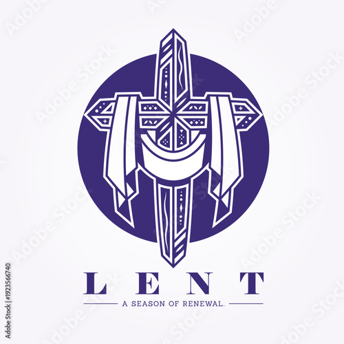 Lent a senson of renewal - Purple christian cross with fabric hanging in circle shape tattoo style vector design