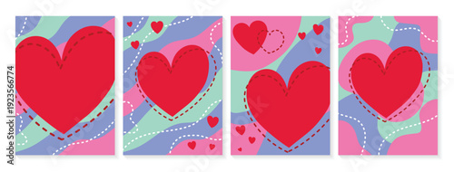 Set of backgrounds with cute cartoon style heart. Abstract card design for Valentine’s Day, Mother’s Day and Women’s Day. Vector illustration