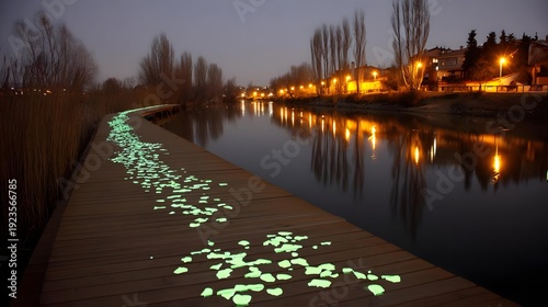 where technology blends seamlessly with nature, pathways illuminated with gentle green digital patterns