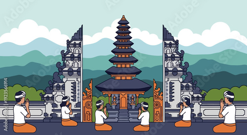 Balinese Temple Prayer: People in Traditional Attire Praying at a Majestic Temple Entrance