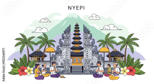 Nyepi Day Bali: Balinese People Praying at Temple with Mountain Background