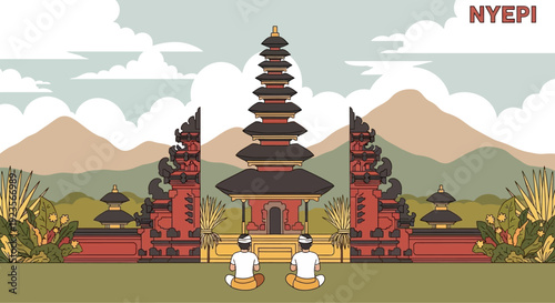 Nyepi Day Bali Temple Ceremony: Two Men Meditating Before Majestic Pagoda Gate