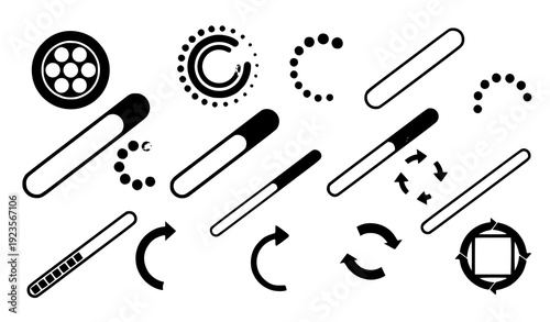 Decorative circular and bar loading icon collection isolated on transparent background