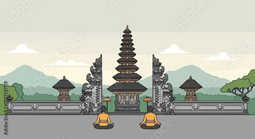 Two monks meditating in front of a Balinese temple gate with mountains in background