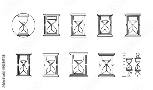 Minimal outline hourglass and sand timer icon set isolated on transparent background