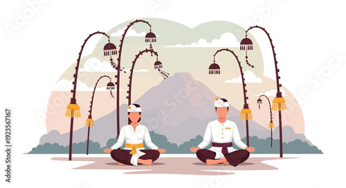 Balinese couple meditating in traditional attire with mountain and temple lamps background