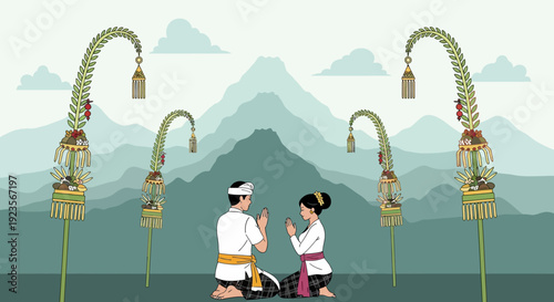 Balinese couple praying at sacred mountain with Penjor decorations