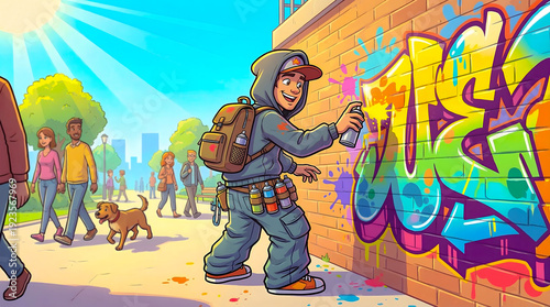 A young graffiti artist sprays a vibrant mural on a brick wall in a sunny urban park