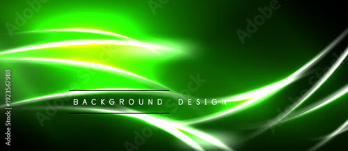 Abstract green background design. Dynamic curves, bright lines create modern visual effect. Dark shades enhance luminosity.