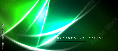 Vibrant green neon lines create dynamic abstract background. Dark space contrasts bright illumination, modern design element.