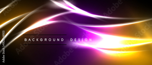Abstract vibrant lines create dynamic light effect. Purple, orange hues blend against dark backdrop. Modern design element.