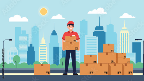 Professional delivery man holding a stack of cardboard boxes in front of a modern city skyline during a sunny day.