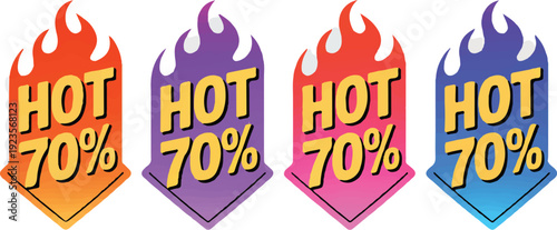 Four colorful hot 70 percent off sale stickers with flame designs on white background