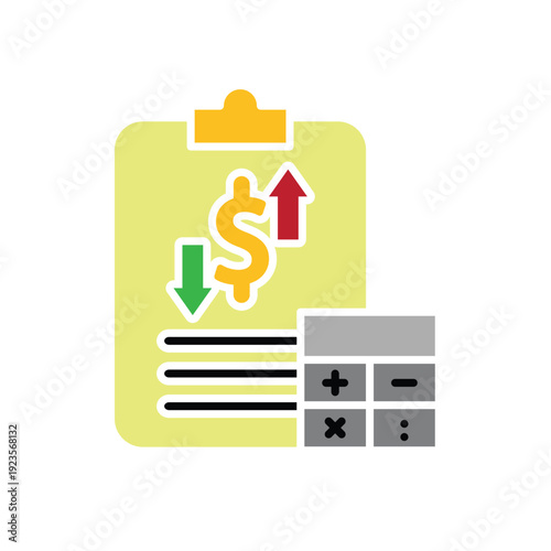 Expense icon. Finance. Clipboard expense summary and calculator. Economic, business, accounting. flat design style