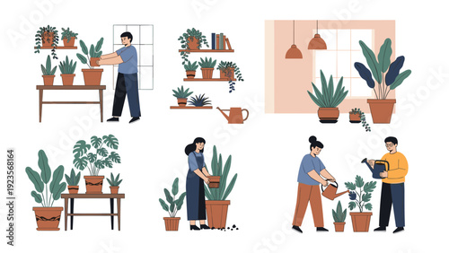 Collection of scenes featuring people taking care of various houseplants to maintain a beautiful indoor home garden environment.