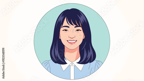Profile portrait of a young smiling woman with long black hair in a circular frame for social media or business use.