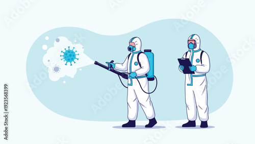 Team of specialists wearing white protective hazmat suits use specialized equipment to disinfect a space and eliminate floating virus particles.
