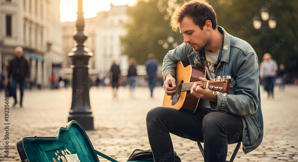 Fototapeta premium A talented man sits on a stool busking with his guitar case open for tips on a cobblestone urban street