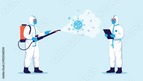 Two workers in full body protective gear and masks are shown performing a disinfection procedure to neutralize a large floating virus molecule.