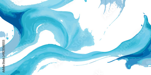 Vector Abstract fluid aquamarine waves resembling a tranquil sea with a gradient and dynamic paint splatter against a white background. Design