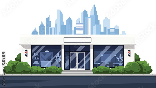 Exterior view of a modern barber shop with characteristic poles and large windows is set against a blue silhouette of a city skyscraper skyline.