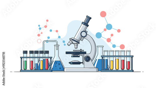 Scientific laboratory setup features a large microscope surrounded by test tubes and flasks filled with colorful liquids and molecular models.