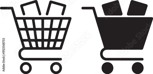 Two contrasting black and white shopping cart icons with items inside representing different styles of online retail or purchasing options