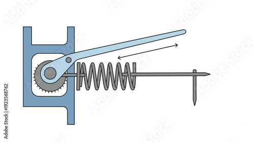 Technical engineering diagram illustrates the mechanical components of a lever and spring mechanism with directional arrows showing movement.