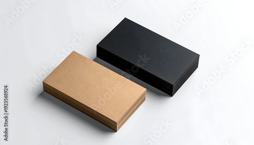 Business cards black and tan stacks, arranged diagonally on a white surface