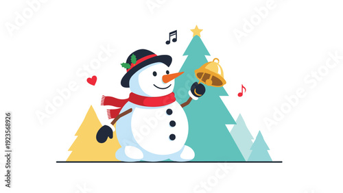 Happy snowman wearing a black hat and red scarf holds a golden bell while standing between evergreen trees on a snowy day.