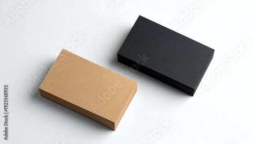 Two stacks of cards, one tan, one black, diagonally arranged on white
