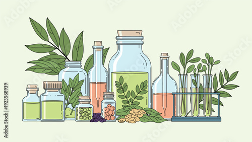 Professional herbal laboratory displays various glass jars, bottles, and test tubes filled with natural plant extracts, seeds, and green oils.