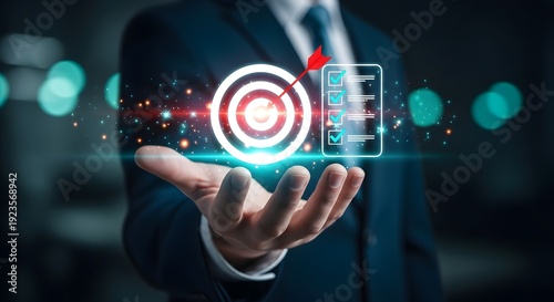 Effective strategy for defining goals and managing business plans: The image depicts an entrepreneur holding a Target symbol alongside a brilliantly completed to-do list.