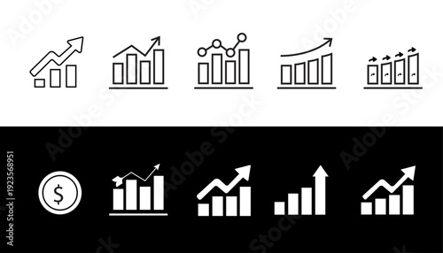 Business Growth Icon Set with Up Arrow, Rising Graph and Bar Chart – Vector Illustration