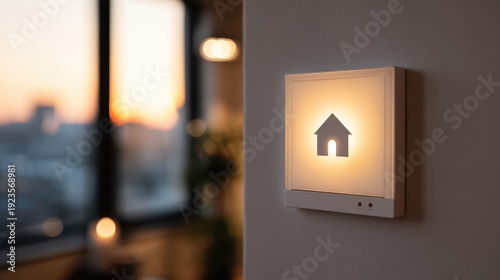 Softly Glowing House Symbol Light Fixture Illuminating Modern Interior Spaces at Dusk with Blurred City Skyline in Background