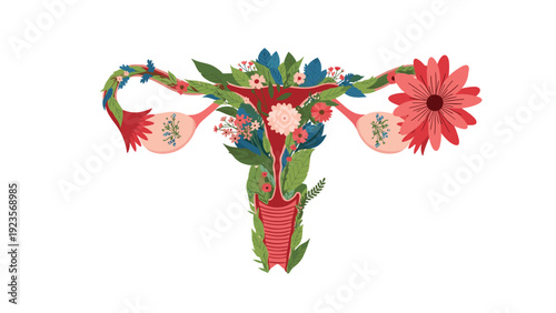 Artistic illustration of the female reproductive system intricately decorated with vibrant colorful blooming flowers and leaves.