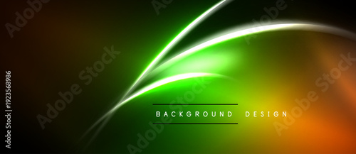 Abstract neon lines create vibrant background. Green, orange hues blend into dark space. Modern design element for digital projects.